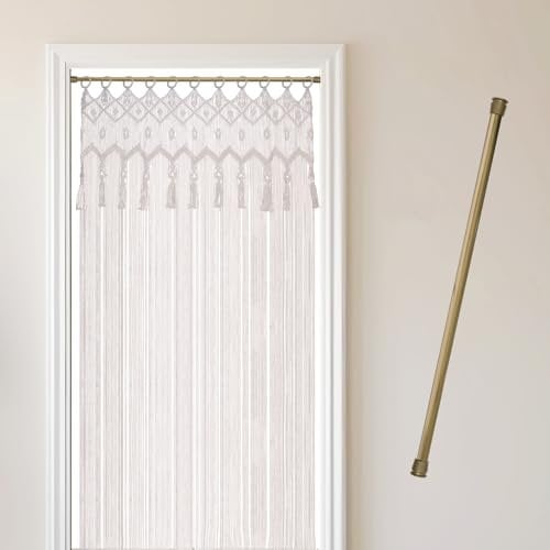 Cozyor Makramee Boho Vorhang + Klemmstange 70-120 cm ohne Bohren Türvorhang Fenstervorhang 132x200cm Raumteiler, Wandbehang & Deko weiß Gold, Hochzeit, Wohnzimmer