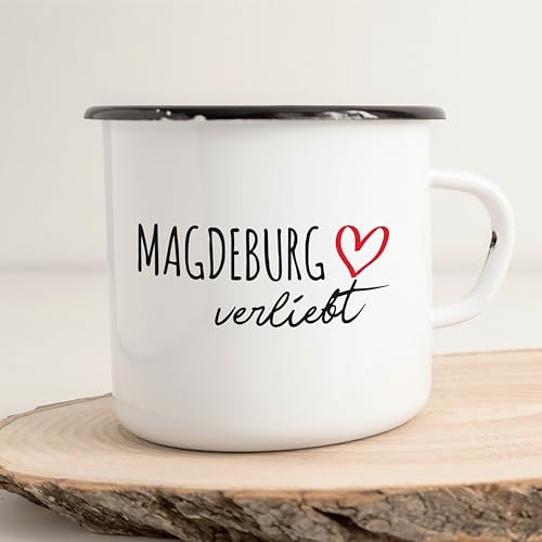Huuraa Emaille Tasse Magdeburg verliebt Geschenk 300ml Vintage Magdeburg Geschenkidee