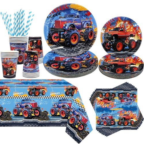Obussgar Monster Truck Cumpleaños Party Decoraciones – Suministros para fiestas de Monster Truck incluyendo platos, tazas, servilletas, pajitas y mantel (20)