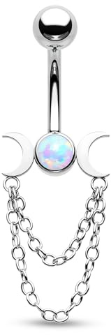 CM Crareesi Mania Mondphase Bauchnabelpiercings baumelnd Doppelkette 14 Gauge Opal/CZ Bauchnabelpiercing 316L Edelstahl Bauchnabelpiercing Schmuck für Frauen
