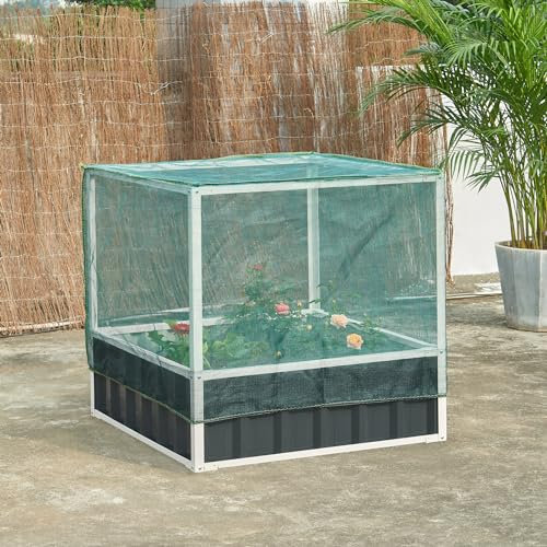 [en.casa] Hochbeet Alblasserdam Blumenbeet mit Abdeckung 90 x 90 x 88 cm Gartenbeet mit Netz Handschuhe Gewächshaus für Garten Metall Kräuterbeet Anthrazit