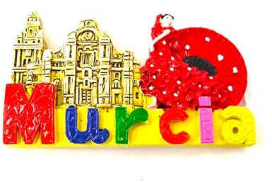 Murcia Plaza del Cardinal Belluga Kühlschrankmagnet, 9 cm, spanische Flamenco-Tänzerin, spanische Flagge, gepunktetes Kleid, Serrano-Schinken und Paella, Fächer Sevillana