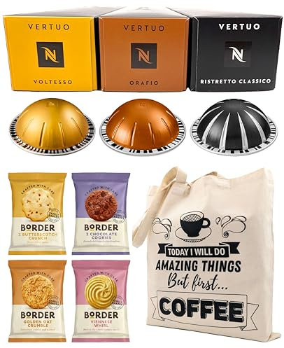 Coffee Pod Variety Pack for Nespresso Vertuo Machine - Espresso Selection Voltesso, Orafio, Ristretto Classico - 3 Boxes (30 Pods) Bundled with Border Biscuits and Reusable Tote Bag