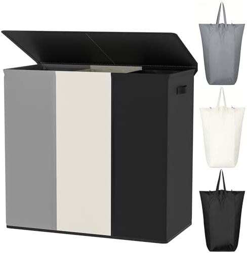 WOWLIVE Wäschekorb mit Deckel, 180 l, 3 Fächer, großer Wäschekorb mit abnehmbaren Taschen und Griffen, zusammenklappbar, schmutzige Wäschekörbe für Wäsche, Wäschekorb, Organizer für Waschküche, | Schmutzige Wäschekörbe mit abnehmbaren Taschen und Griffen, faltbarer Wäschekorb für Schlafsaal, College