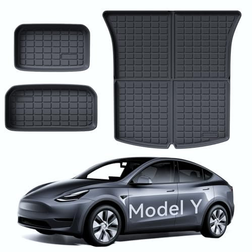 LANTU Kofferraummatte 3 Pcs für Tesla Model Y Allwetter TPE Schutzmatte, Hinten,Untere und Vordere Kofferraummatte rutschfest & Wasserdicht für Tesla Model Y 2021-2024 Zubehör