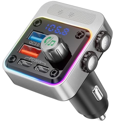 Nulaxy Bluetooth 5.3 FM Transmitter 54 W [PD 36W & QC3.0 18W] Schnelles Autoladegerät mit 4 Ladeanschlüssen, Bass & HiFi Stereo Bluetooth Adapter Auto Freisprecheinrichtung mit 5-Farben-LED, NX16