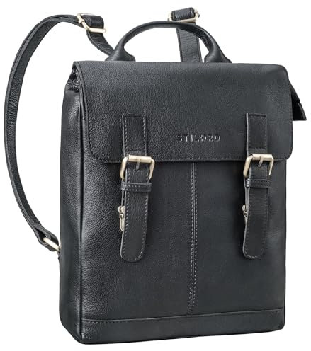 STILORD 'Nala' Moderner Leder Damen-Rucksack City-Rucksack mit vielen Fächern Kleiner Eleganter Tagesrucksack Freizeit Daypack für Shopping oder Büro Rucksack 13,3 Zoll, Farbe:alfa - schwarz
