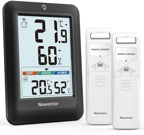 Newentor MAX MIN Thermometer innen außen 24/48 Std./alle Zeiten - Hygrometer Luftfeuchtigkeitsmesser mit Luftkomfort - Wetterstation Funk mit 2 Außensensor - Raumthermometer mit Beleuchtung, Schwarz