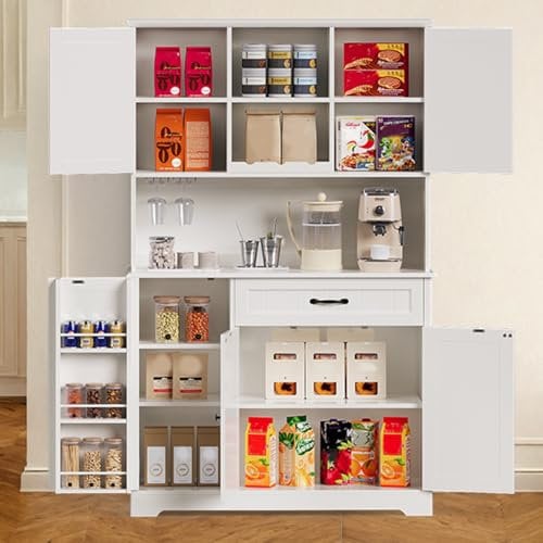 Gizoon 67 in Kitchen Storage Cabinet with Door and Shelves, Kitchen Pantry Cabinet Tall Coffee Bar Hutch with Storage for Dining Room, White
