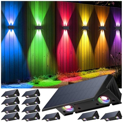 IIRARA Applique Solaire Extérieur,12 Articles Haut & Bas Applique Murale Solaire Blanc RVB 1500mAh Lampe Solaire Murale Extérieur IP67 Étanche Spot Sans Fil 100 Lumens pour Clôture Jardin