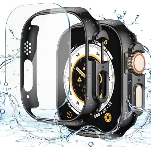 Misxi Schutzhülle mit Displayschutzfolie für 49mm Apple Watch Ultra 3/2/1 | 2+2 Stück, Harter PC-Bumper + Gehärtete Schutzfolie, Montagehilfe, Kratzfesten Case, Jet-Schwarz