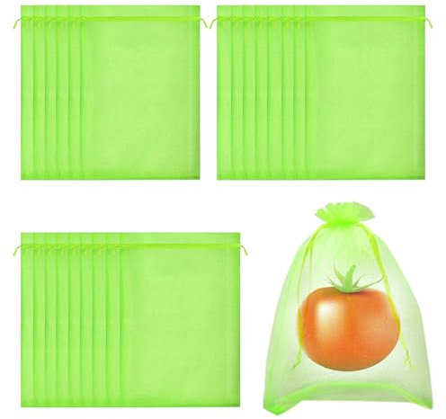 Traubenschutzbeutel, RIFNY 50 Stück 10x15cm Weintrauben Schutzbeutel mit Zugband, Obstnetz Insektenschutz Organzasäckchen für Garten Schützen Erdbeer Heidelbeer Tomate vor Vögel Insekten, Grün