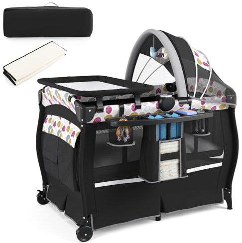 COSTWAY Cuna Bebe Portátil 4 en 1, Cuna de Viaje y Parque Infantil con Cuna, Colchón, Cambiador, Caja de Música, Dosel Ajustable, Estante de Almacenamiento, Bolsa de Viaje (Negro+círculo)