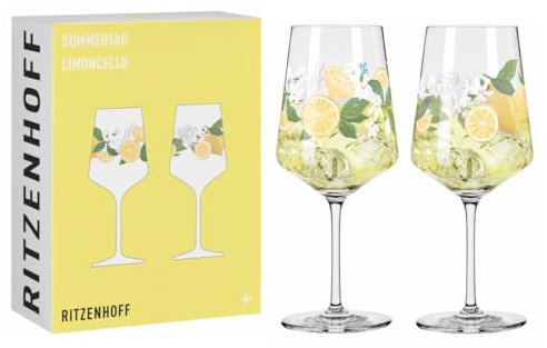 RITZENHOFF 6041006 Limoncello-Glas 500 ml - 2er-Set - Serie Sommertau - 2 Stück für Aperitif, Zitronen-Motiv bunt- Made in Germany