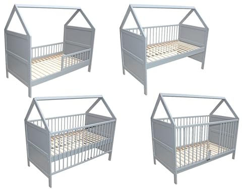 Micoland Babybett Kinderbett Juniorbett Beistellbett Bett Haus 140x70 cm umbaubar massiv grau (Bett mit niedrigen Gittern)