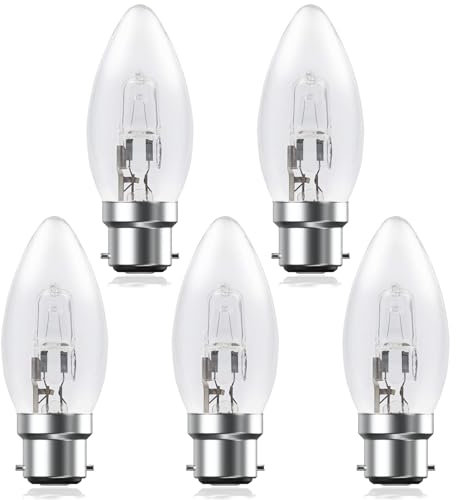 EASYIVY B22 Halogen Candle Light Bulbs 42W Dimmable, C35 Bayonet Cap Clear Bulb 2700K Warm White BC Candle Bulb for Chandelier Light, Wall Light, Table Lamp, 5-Pack