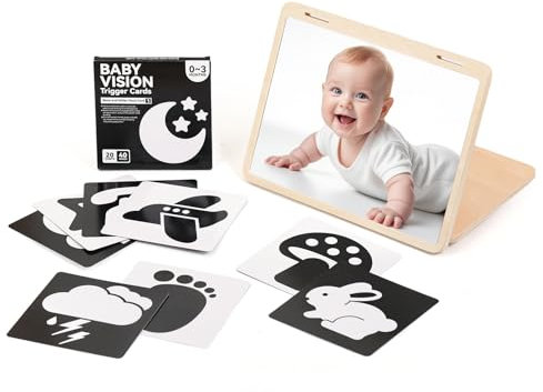 WOODEN TEETHER Baby Spiegel Spielzeug - Montessori Spielzeug für Neugeborene mit Schwarz-Weiß Visuelle Karten, Hölzernes Bauchzeit-Spiegelspielzeug für Neugeborene 0-12 Monate Neugeborenen Geschenk