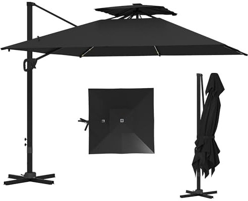 Outsunny 3.5x3 m Garden Cantilever Parasol with Solar LED Lights and Centre Light, UPF50+ Aluminium Patio Umbrella with 360° Rotation and Tilt, Hanging Sun Shade with Cross Base, Crank Handle, Black