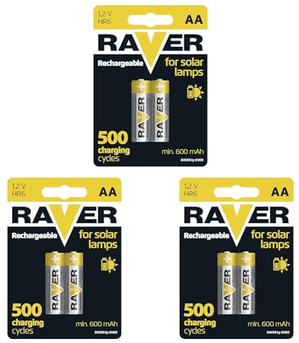Raver by EMOS - Solar AA Mignon Akkus - aufladbare Batterien für Solarlampen - NiMH - 1,2V, HR6, 600 mAh - Betriebstemperatur -20 °C bis +50 °C - min. 500 Ladezyklen - 2 Stück (Packung mit 3)