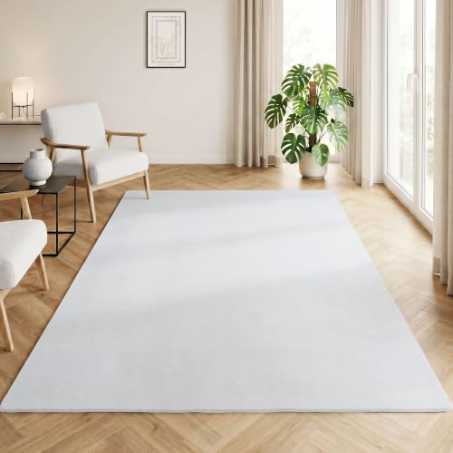 HomebyHome Teppich Weiss 160x220 cm Waschbarer Kurzflor Teppich, rutschfest & weich, modernes einfarbiges Design für Wohnzimmer, Schlafzimmer, Küche & Kinderzimmer.