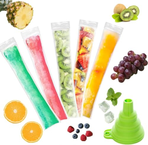 100 Pcs Ice Pop Bags,Disposable Popsicles/Ice Lolly Moulds Bag,with Zip Seal,with 1PC Silicone Funnel,for Homemade Ice Lollies,Diy Popsicle Make Healthy Snack Food,Yogurt Sticks Juice Fruit Smoothies