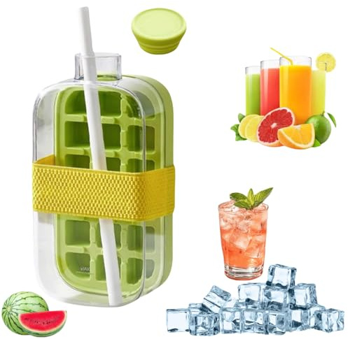 Botella de cubitos de hielo 2 en 1 con popote, taza para hacer hielo de verano, bandeja de cubitos de hielo con tapa y contenedor, diseño de prensa sin tacto, molde de cubitos de hielo a prueba de