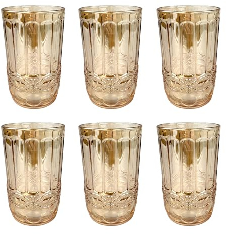 GMMH Vintage 6er-Set Farbige Weingläser und Trinkgläser mit Prägung Relief (Schleife, Gold-Glanz, Trinkglas) Weinglas, Kelch, Wasserglas, Longdrinkgläser, Cocktail Gläser, Glas, Glaskelche