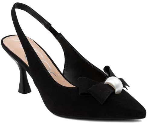 Sugar Women’s Slingback Kitten Heels – Pointed Toe Dress Shoes with Velvet Bow and Pearl Detail, Low Heels for Party, Wedding, or Evening Outfits-Dazzy Bow, Black Micro-Size 7.5