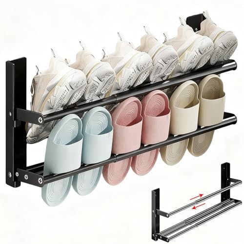 HMAKGG Schuhregal Wand Metall 2 Ebenen, 37-67cm Ausziehbar | Schuhhalter Wohnmobil ohne Bohren, Schuh Organizer Platzsparend für 6 Paar Schuhe, Schwarz