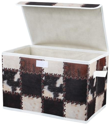 PRESSINART Patchwork Aufbewahrungsbox Faltbare Stoffbox Weiß Kuhfell Muster Dekorative Organizerbox mit Deckel und Tragegriff Rechteckige Faltcontainer für Kleiderschrank Regale
