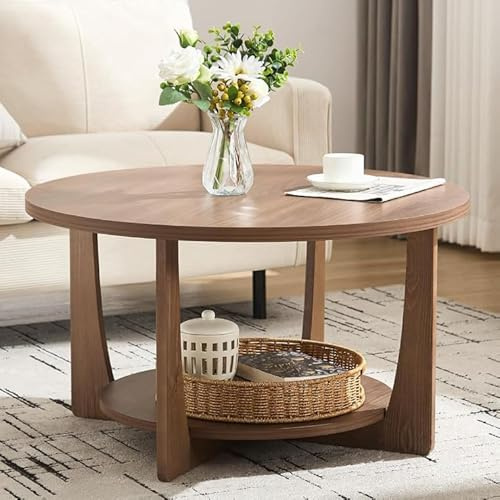 WOOW DEPOT Round Coffee Table, 80cm Dark Walnut Wooden Coffee Table | Solid Pine Wood Legs, 2-Tier Retro Design with Storage Shelf for Living Room