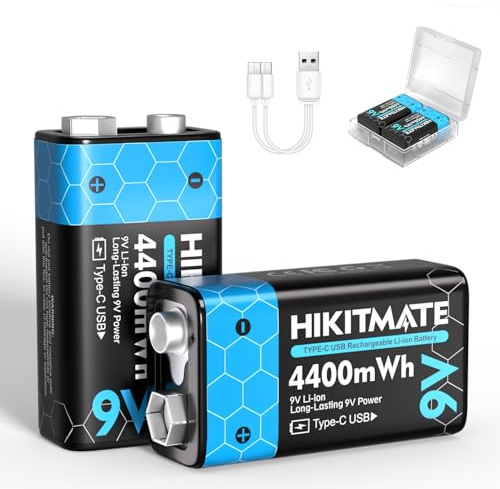 HIKITMATE 2-Pack Rechargeable 9V Lithium Batteries USB C, 4400mWh 9 Volt Li-ion Battery for Smoke Detector Alarms, 6F22 Square 9V Batteries 2H Fast Charge & 10-Year Shelf Life