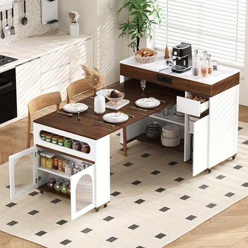 Bladez Isla de cocina con ruedas, mesa de comedor extensible con tapa extraíble, mesa de bar con cajones de almacenamiento y cuatro compartimentos, aparador para cocina y comedor (nogal-F)