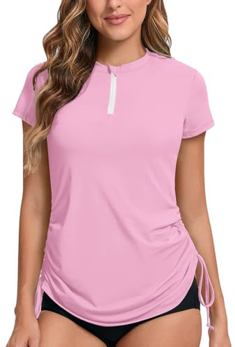 UV Shirt Damen Wasser 1/4 Reißverschluss Schwimmshirt Rashguard Damen Badeshirt Kurzarm Schwimm T-Shirt Verstellbarer Saum UPF 50+