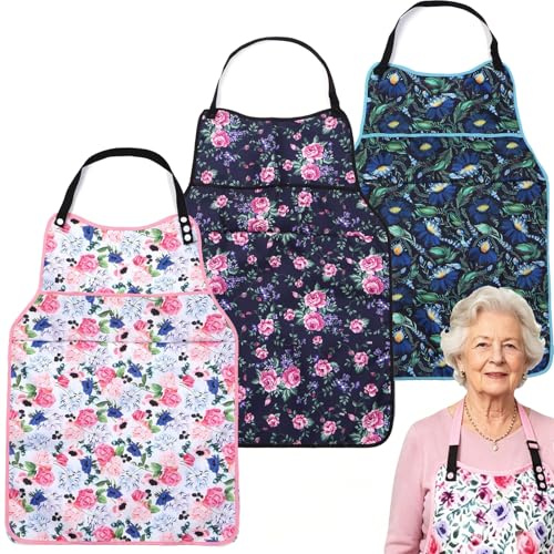 Fenralomi Lot de 3 bavoirs réutilisables imperméables et lavables avec récupérateur de miettes, protecteurs réglables pour vêtements adultes pour manger, cuisine, repas, soins à domicile, Fleur bleue