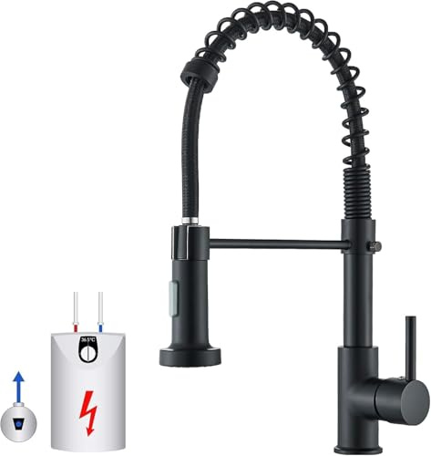 Wasserhahn Küche Niederdruck Schwarz Küchenarmatur Niederdruckarmatur mit 2 Sprühfunktionen 360° Drehbar mit 3 Schläuche Kaltem und Heißem Wasser Vorhanden