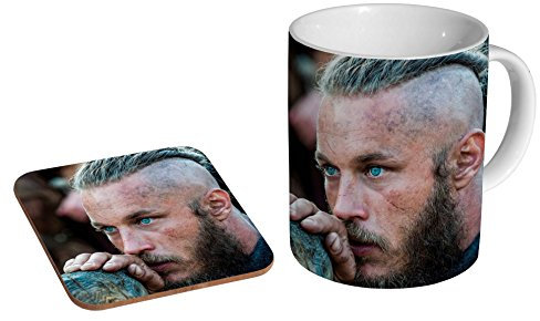 mugmart Vikings Ragnar Lothbrok Keramik Kaffeetasse 325 ml + Holz-Untersetzer Geschenkset