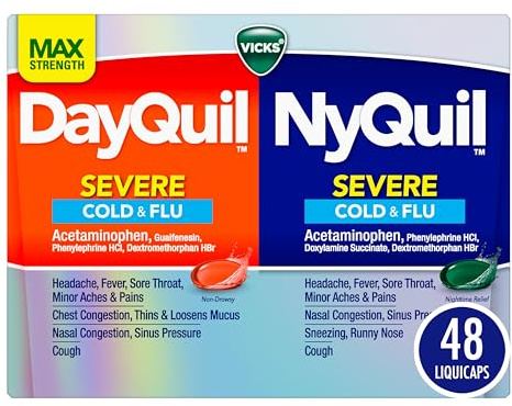 Vicks Dayquil & Nyquil Severe Co-Pack, Cold & Flu Medicine, Powerful Relief For Headache, Fever, Sore Throat, Minor Aches & Pains, Congestion, Sinus Pressure, Stuffy Nose, And Cough, 48 Liquicaps