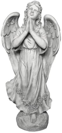 gartendekoparadies.de Engel Statue auf Steinsockel, Steinfigur H. 75 cm, 32 kg, Grau, frostsicher aus Steinguss für Außenbereich