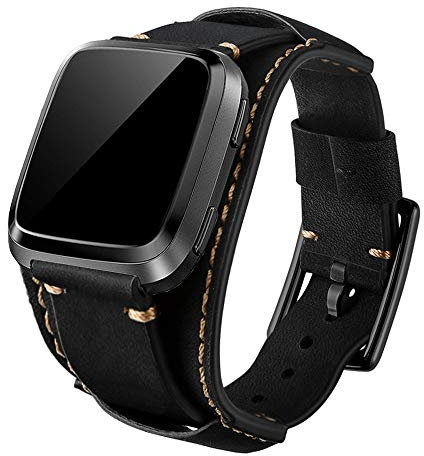 Leotop Kompatibel mit Fitbit Versa/Versa 2/Versa Lite/Versa Special Edition Straps, Echtes Leder Uhrenarmband Cuff Ersatz Armbänder mit Edelstahlschließe für Männer Frauen (Schwarz)