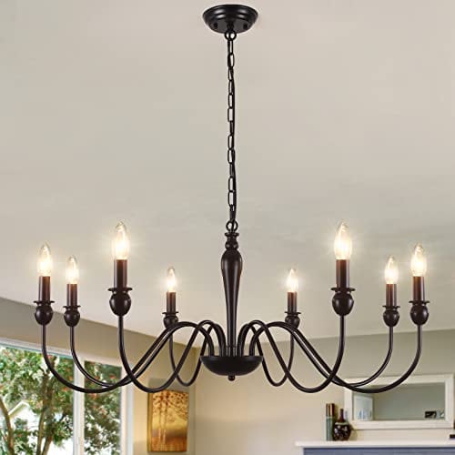 Kronleuchter Schwarz 8 Flammig Kronleuchter Vintage, Klassische Kerze Pendelleuchte Esstisch, Deckenlampe Wohnzimmer Hängend mit E14 Fassung, Hängelampe für Wohnzimmer Schlafzimmer Küche Flur
