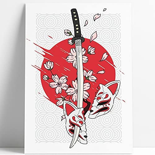 ERREINGE - Fotolumineszenter Kunstdruck A2 (59,4 x 42 cm) - Bild Japan Katana Maske für Wohnzimmer, Küche, Wand, Schlafzimmer, Arbeitszimmer
