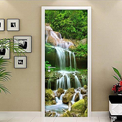 FHKGIUJAD Autocollants De Porte 3D Vert Arbres Cascade Stickers Porte Poster Couloir 3D Papier Peint Porte Trompe L'Oeil Pour Salon Chambre Stickers Muraux Imperméable 40X120Cm