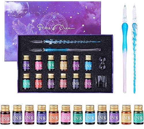 Yuandream Dip Pen and Ink Set, Glass Dip Pen Set with 2 Calligraphy Crystal Pens and 12 Gold Inks, Pen Holder & Cleansing Cup, Beginners Gift for Art, Drawing, Writing, Signatures, Cards