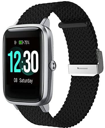 Niboow 19mm Armband für ID205L ID205S ID205G ID215G ID216 SW020 SW021 SW023 YM020 YM021 YM023, Nylon Geflochtene Ersatzarmbänder für Blackview R3/R3 Pro/Uwatch3/Uwatch GT/Uwatch Ufit - Schwarz