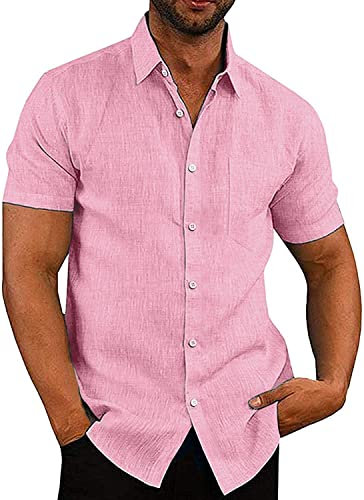 APOONABA Hemd Herren Freizeithemd Einfarbig Kurzarm Shirts Sommer Hemden für Herren Button down Baumwolle Western Bluse Strand Frühling T-Shirts Rosa L