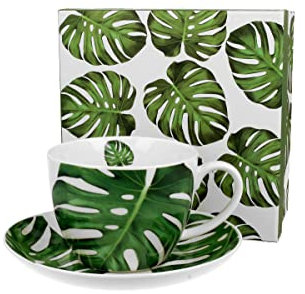 DUO FLORAL Jumbobecher 470 ml MONSTERA mit Untertasse, New Bone China Porzellan
