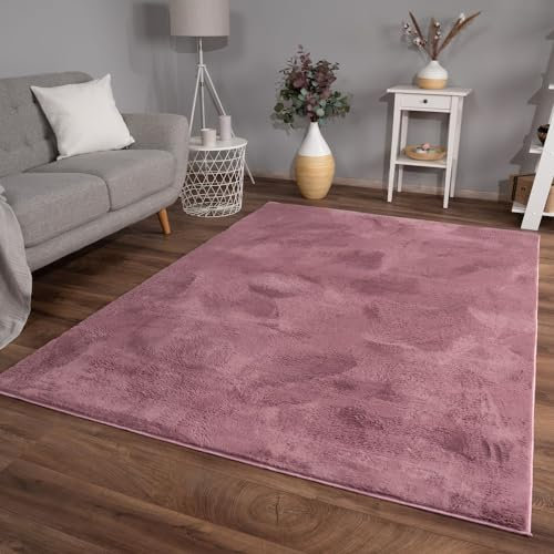 TT Home Wohnzimmer Teppich Hochflor Langflor Kunstfell Weich Modern Unifarben Flauschig, Farbe:Rosa Mauve, Größe:80x150 cm