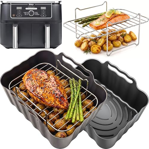 Ninja AF400UK Dual Zone Accessories | Original™ Convex Base Liners & Racks | Fits the Ninja AF400UK 9.5L Dual Zone air fryer. 2 platinum silicone liners, 2 stainless steel racks and 4 skewers.