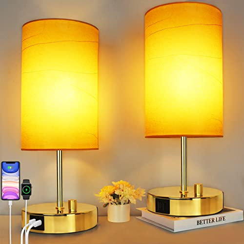 Allesgute Nachttischlampe 2er Set, Modern Tischlampe Led dimmbar mit 2 USB, 2700K Warmweiß Led Tischleuchte E27 Gold für Nachttisch Wohnzimmer Schlafzimmer Büro, inkl. 8W LED Birne